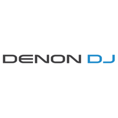 Logótipo DENON DJ em preto e azul sobre fundo branco