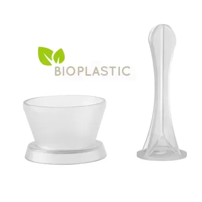 Recipiente e utensílio transparentes de bioplástico com texto BIoplastic