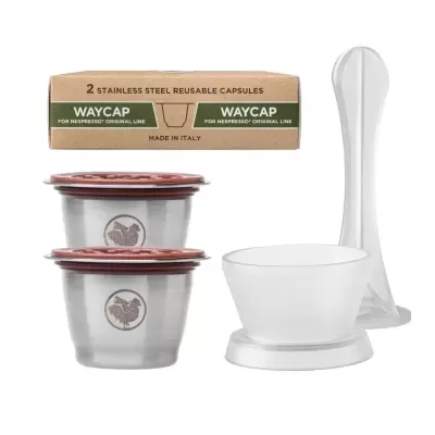 Cápsulas reutilizáveis de aço inoxidável para Nespresso com acessórios brancos e embalagem cardboard