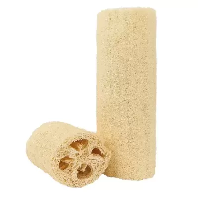 Duas buchas vegetais naturais bege, uma inteira e outra cortada, textura fibrosa.