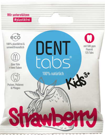Pacote de pastilhas dentárias para crianças sabor morango com texto em alemão e ilustração de morango