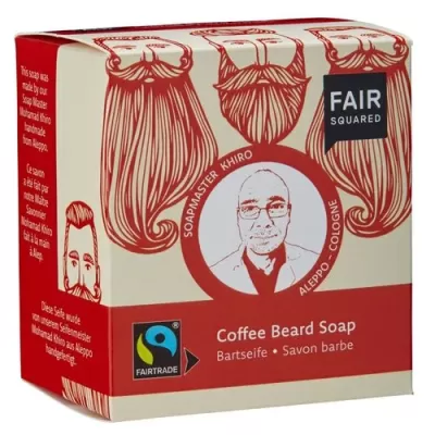 Embalagem de sabão para barba com ilustrações de barbas vermelhas e texto em várias línguas.