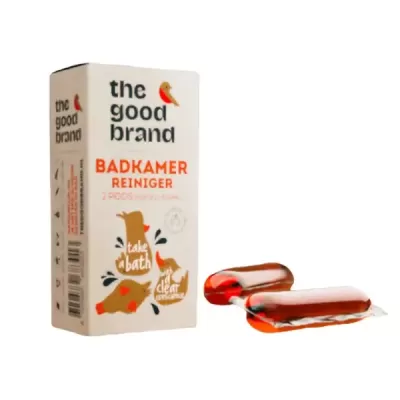 Embalagem branca do produto the good brand BADKAMER REINIGER com duas cápsulas laranja para limpeza