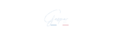 Logotipo Gaspar com traços azul, branco e vermelho sobre fundo preto