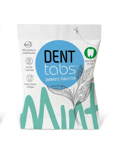 Pacote de comprimidos dentários DENT tabs com design azul e verde