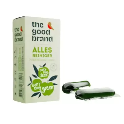 Embalagem branca e verde do produto de limpeza ALLES REINIGER com duas cápsulas gel verdes