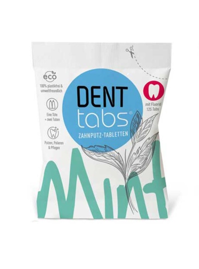 Embalagem de comprimidos para dentes DENT tabs com detalhes azuis e verdes e texto em alemão.