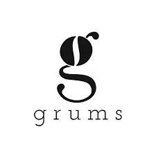 Logótipo preto e branco da palavra grums com letra g estilizada