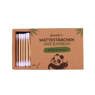 Caixa de algodões óticos de bambu com embalagem castanha e desenho de panda