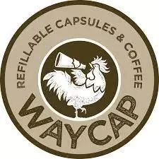 Logótipo circular WAYCAP com galo segurando chávena de café