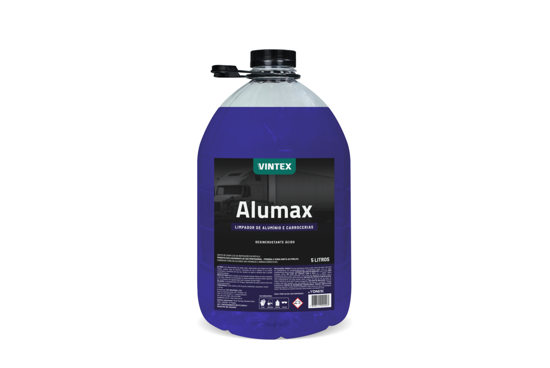 Garrafão de plástico com líquido azul e rótulo preto VINTEX Alumax