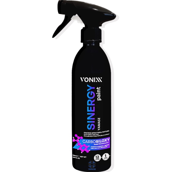 Frasco pulverizador preto de Vonixx Sinergy Paint com texto azul e branco