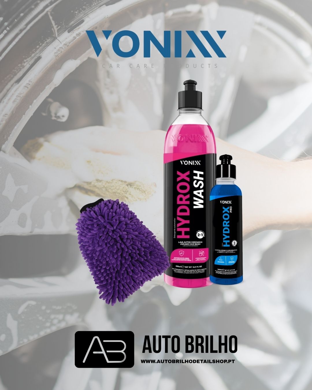 Produtos Vonixx Hydrox Wash e Hydrox Pro com luva roxa para limpeza de automóveis