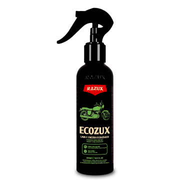 Frasco preto com pulverizador, rótulo com mota verde e texto RAZUX ECOZUX