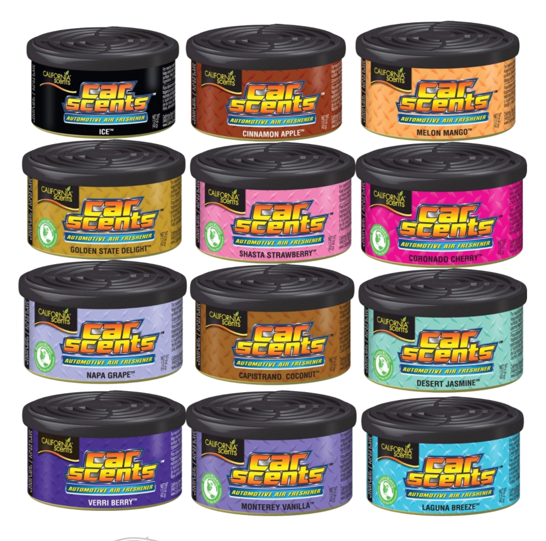 Doze frascos pequenos de aromas para carro em várias cores com rótulos distintos