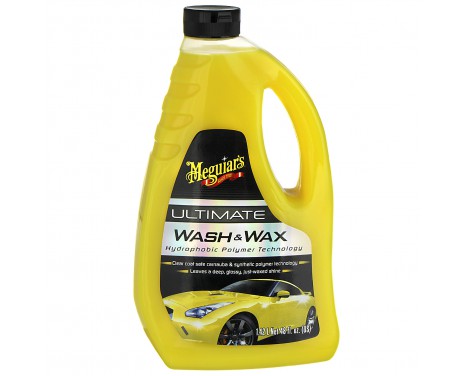 Frasco amarelo de Meguiar's Ultimate Wash + Wax para lavagem e enceramento de carros