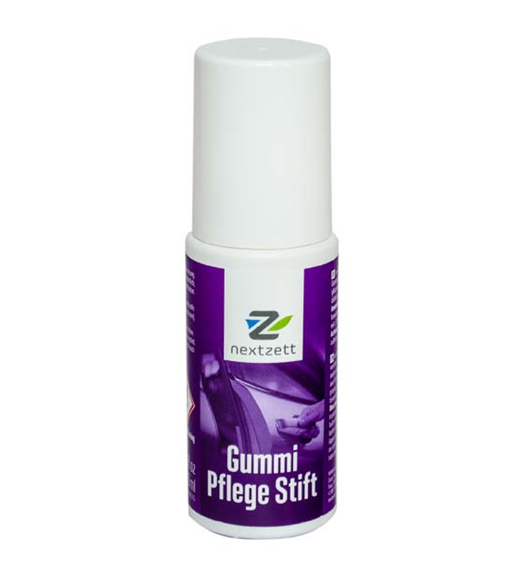 Frasco pequeno branco com rótulo roxo e texto nextzett Gummi Pflege Stift