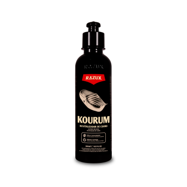 Frasco preto com dispenser do produto KOURUM RAZUX revitalizador de couro