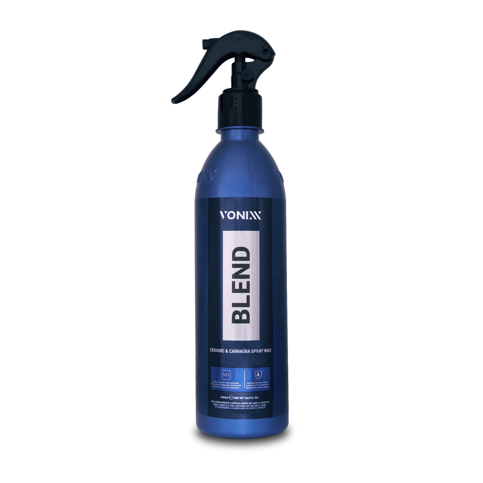 Frasco de spray azul VONIXX BLEND com tampa preta e rótulo azul escuro e branco