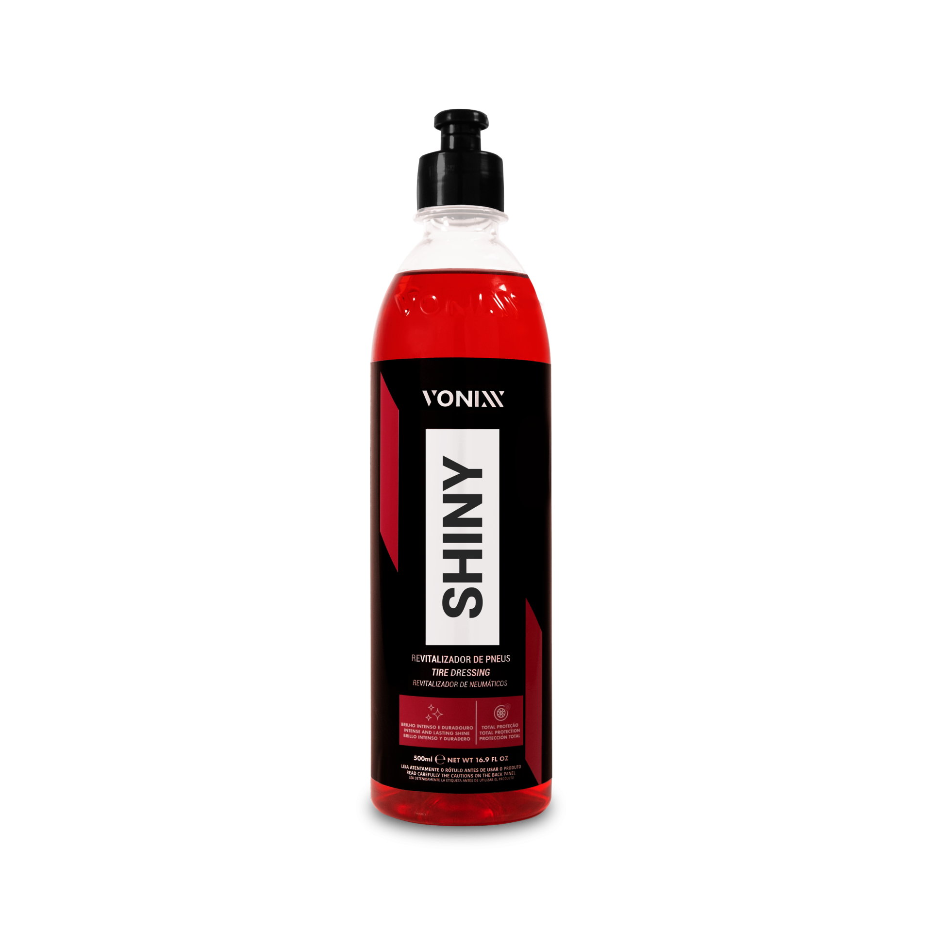 Frasco de produto vermelho com rótulo preto e texto branco VONIXX SHINY