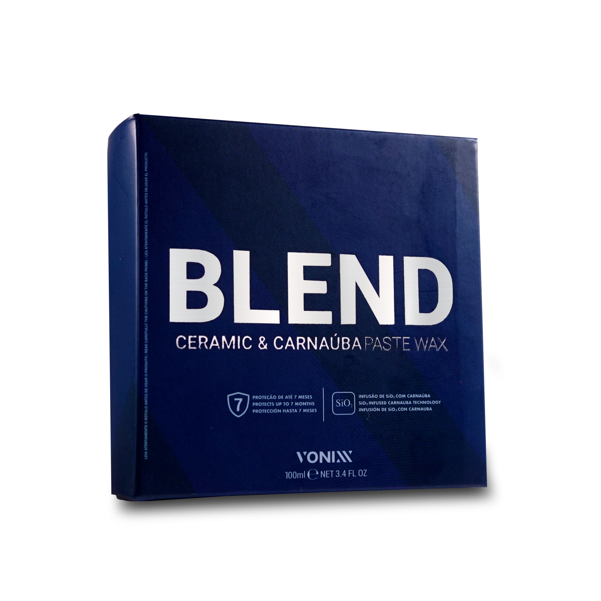 Caixa azul escura de verniz em pasta Blend com texto branco.