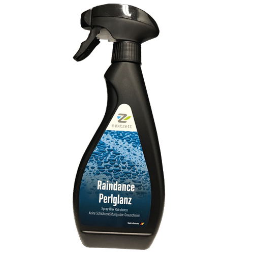 Frasco de spray preto com etiqueta azul 'Raindance Perlganz'