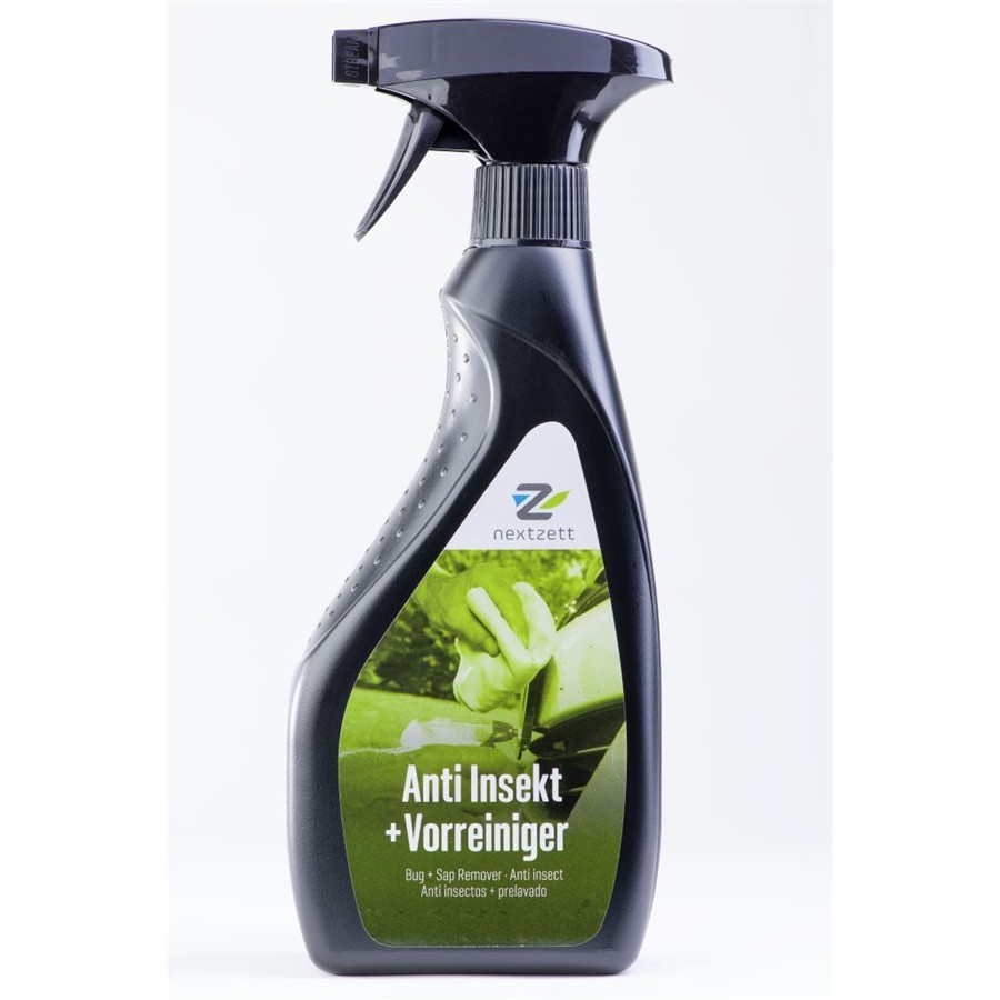 Frasco de spray preto de produto anti-insetos nextzett com etiqueta verde e imagem de luva segurando planta