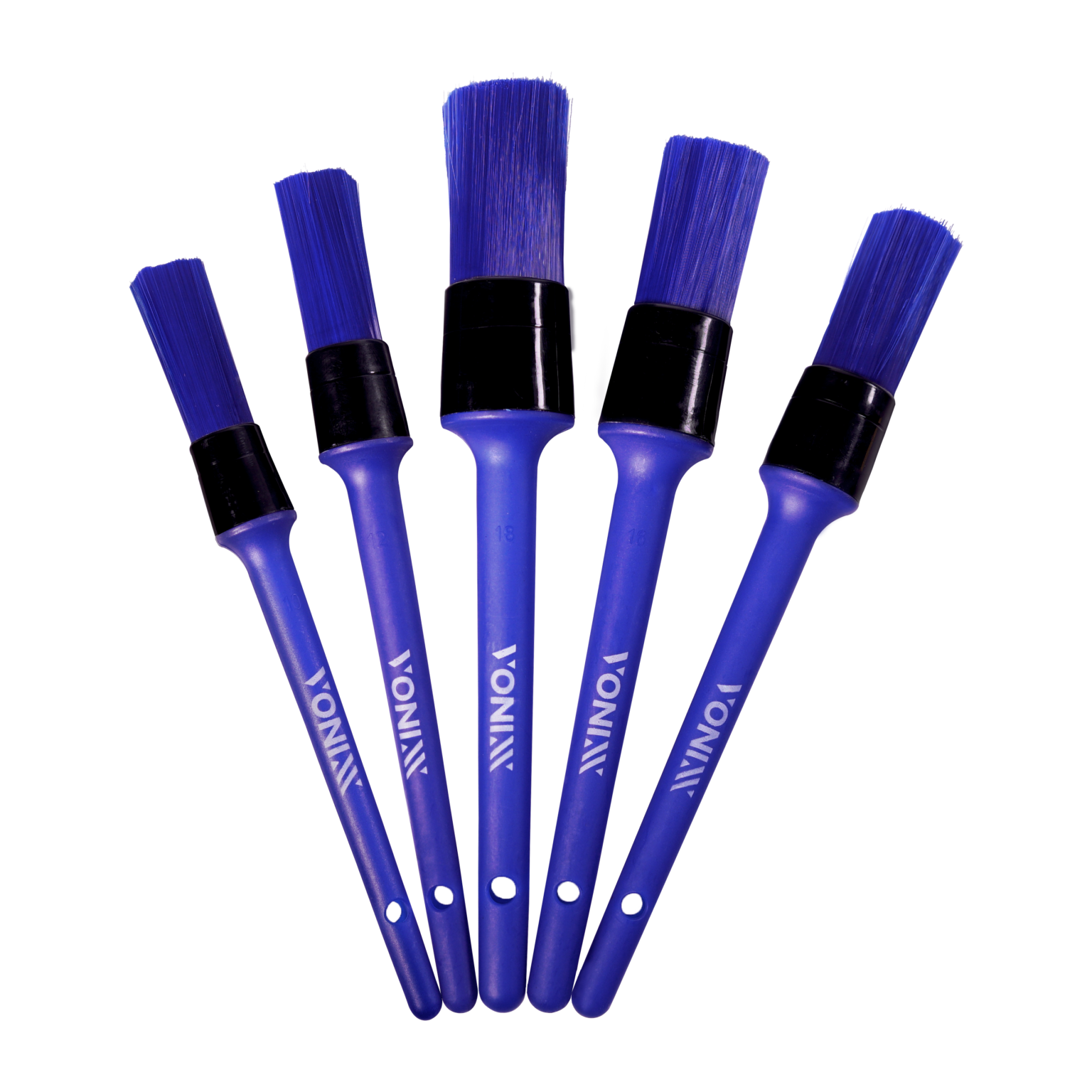 Conjunto de cinco pincéis azuis com cabos plásticos e cerdas sintéticas