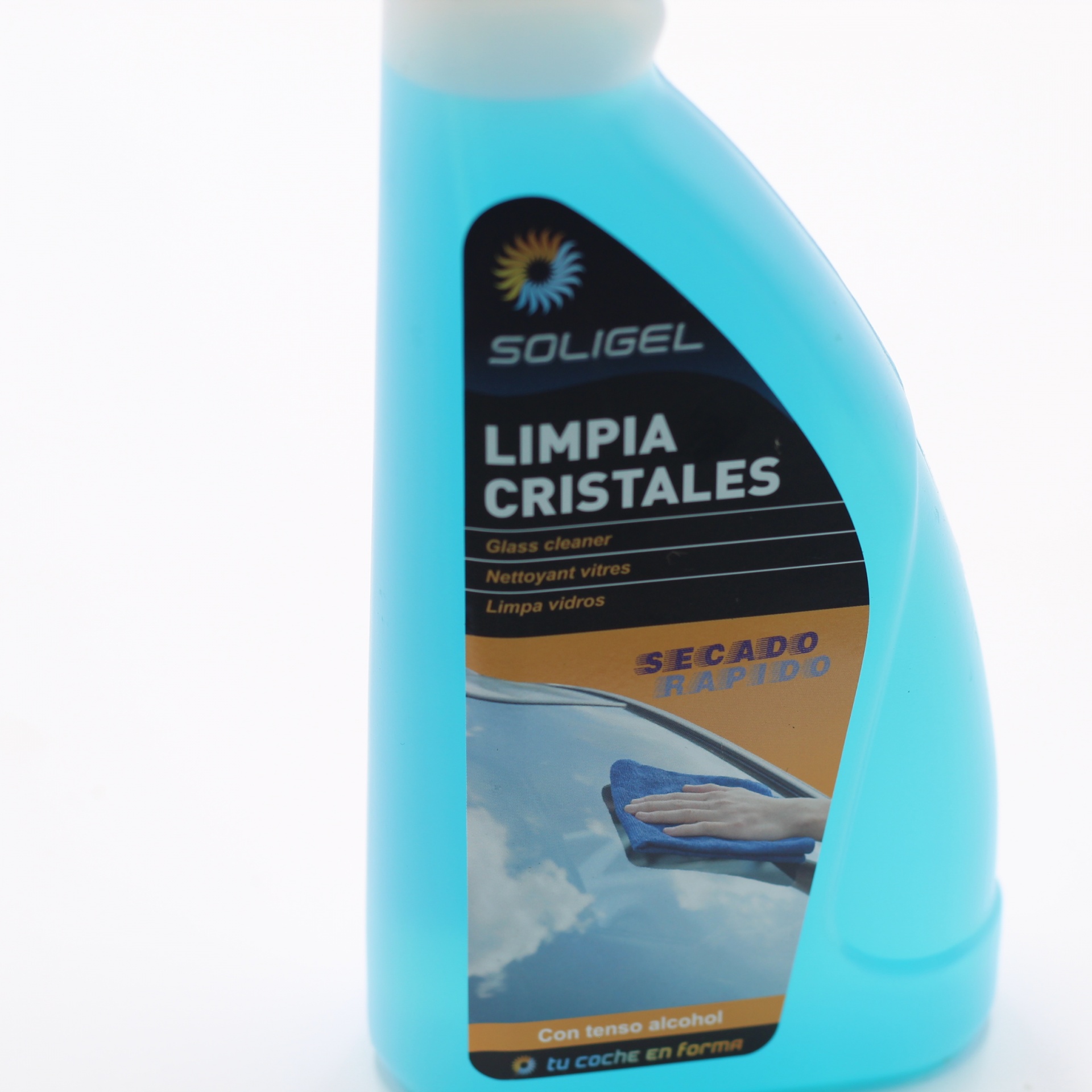 Frasco azul de limpa cristais Soligel com rótulo e tampa branca