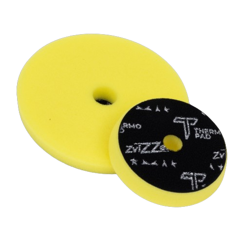Discos redondos em espuma amarelo e preto com textos THERMO PAD, PRMO, ZYZZYZX