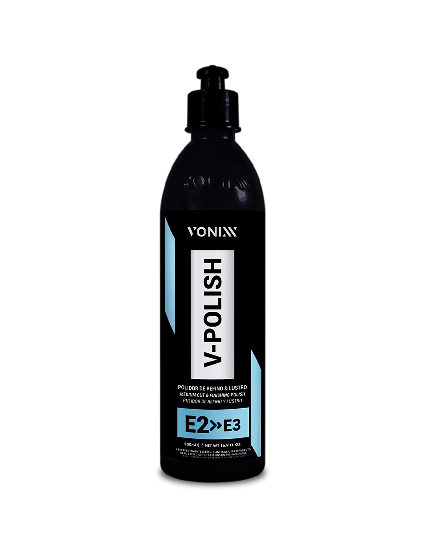 Frasco preto V-POLISH VONIXX com tampa doseadora e texto E2>>E3