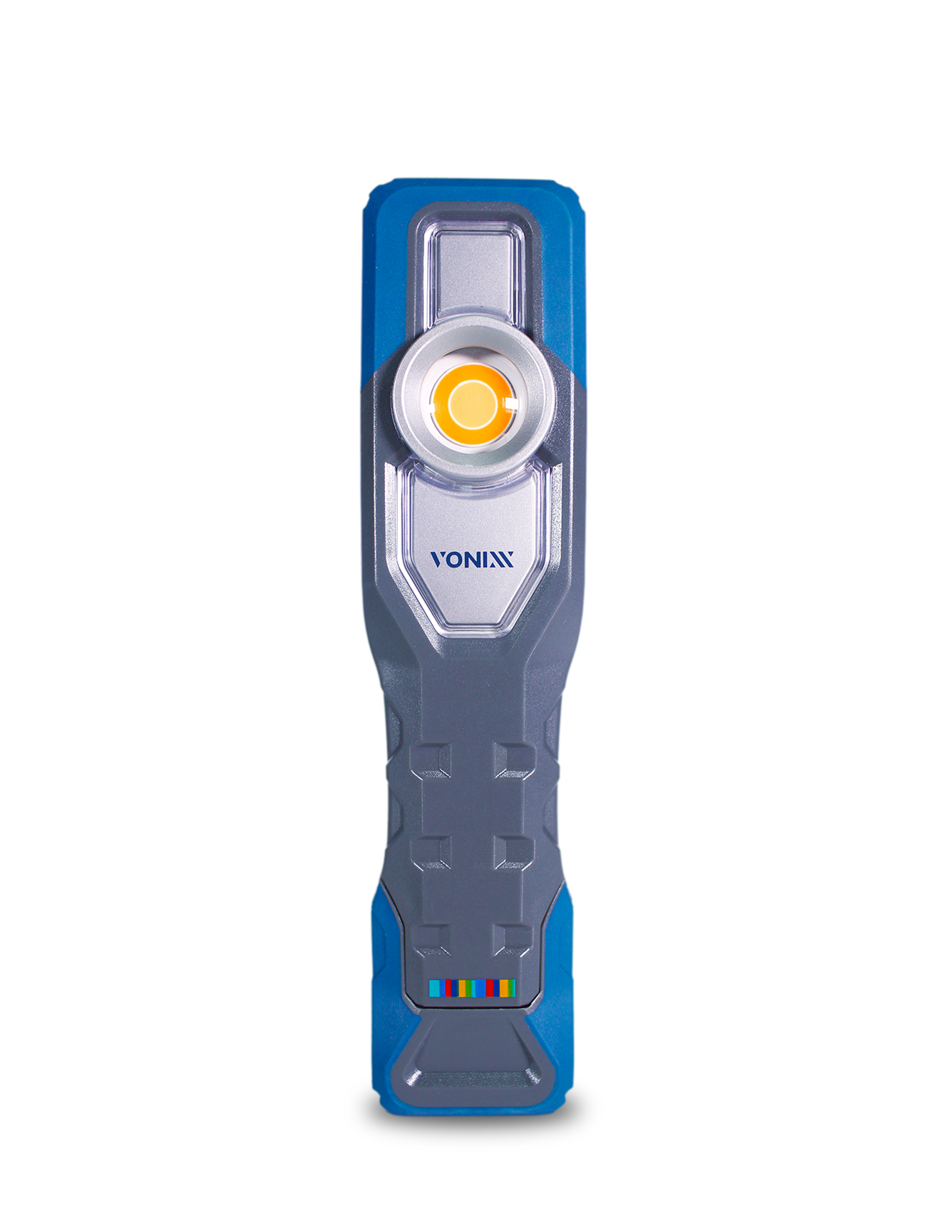 Lanterna portátil cinzenta e azul da marca VONIXX com botão amarelo e embalagem azul