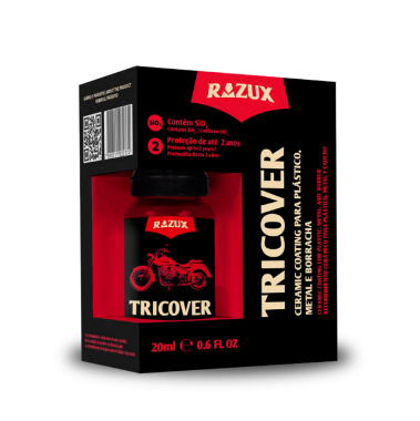Frasco de produto TRICOVER da marca RAZUX em embalagem preta e vermelha