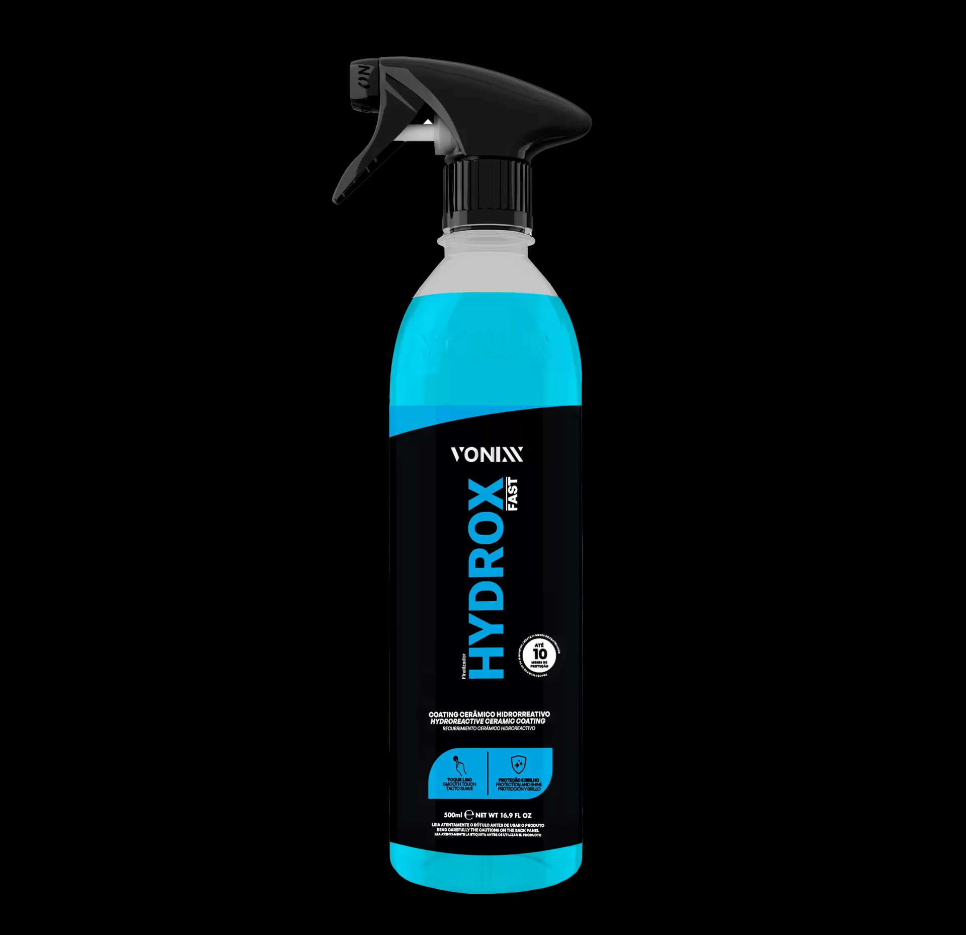 Frasco spray plástico com líquido azul e rótulo preto com textos