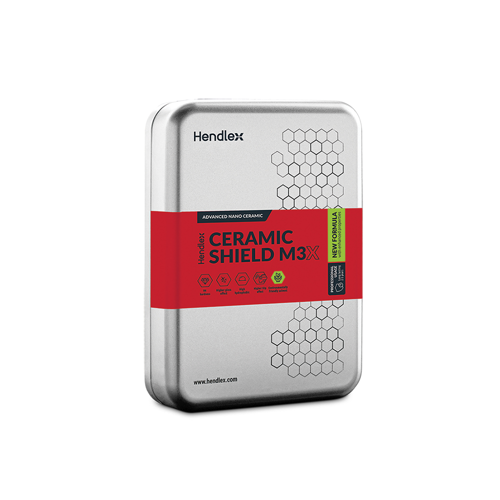 Caixa metálica prateada Hendlex Ceramic Shield M3X com rótulo vermelho e padrão hexagonal