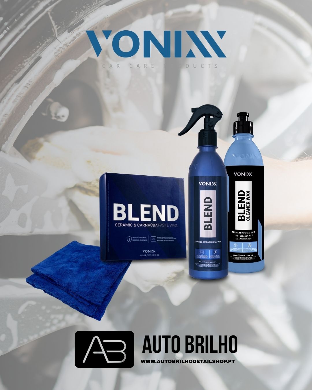 Produtos VONIXX para cuidado automóvel em frascos azuis e embalagem azul escuro com pano azul ao lado.