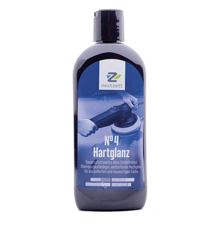 Frasco preto com rótulo azul e texto em alemão contendo produto Nextzett Nº4 Hartglanz