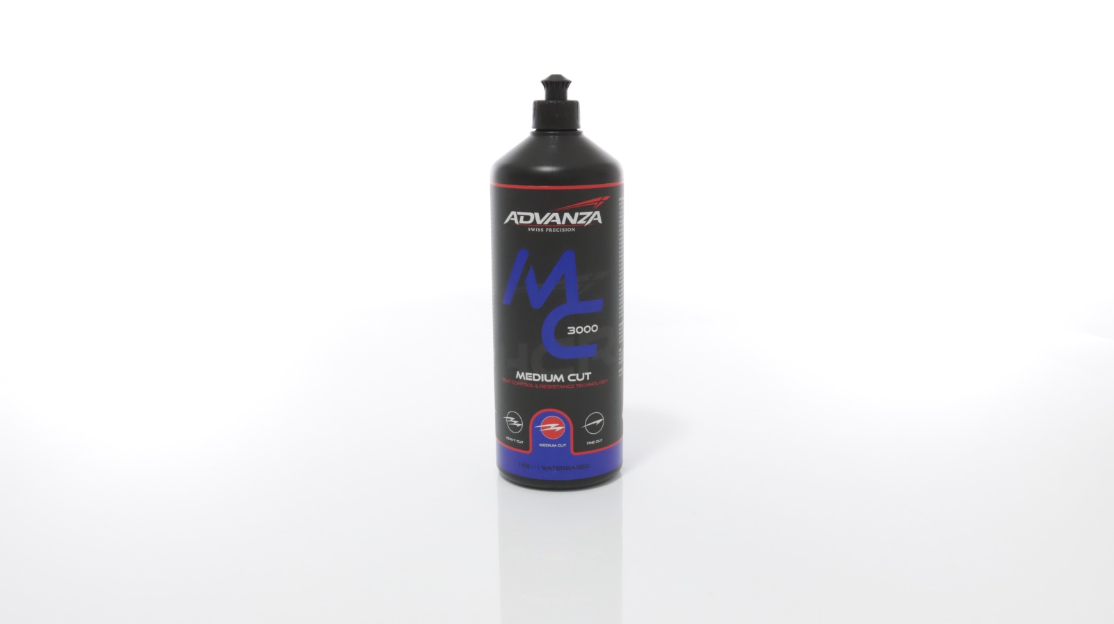 Frasco preto de produto ADVANZA ML 3000 Medium Cut com texto e selo