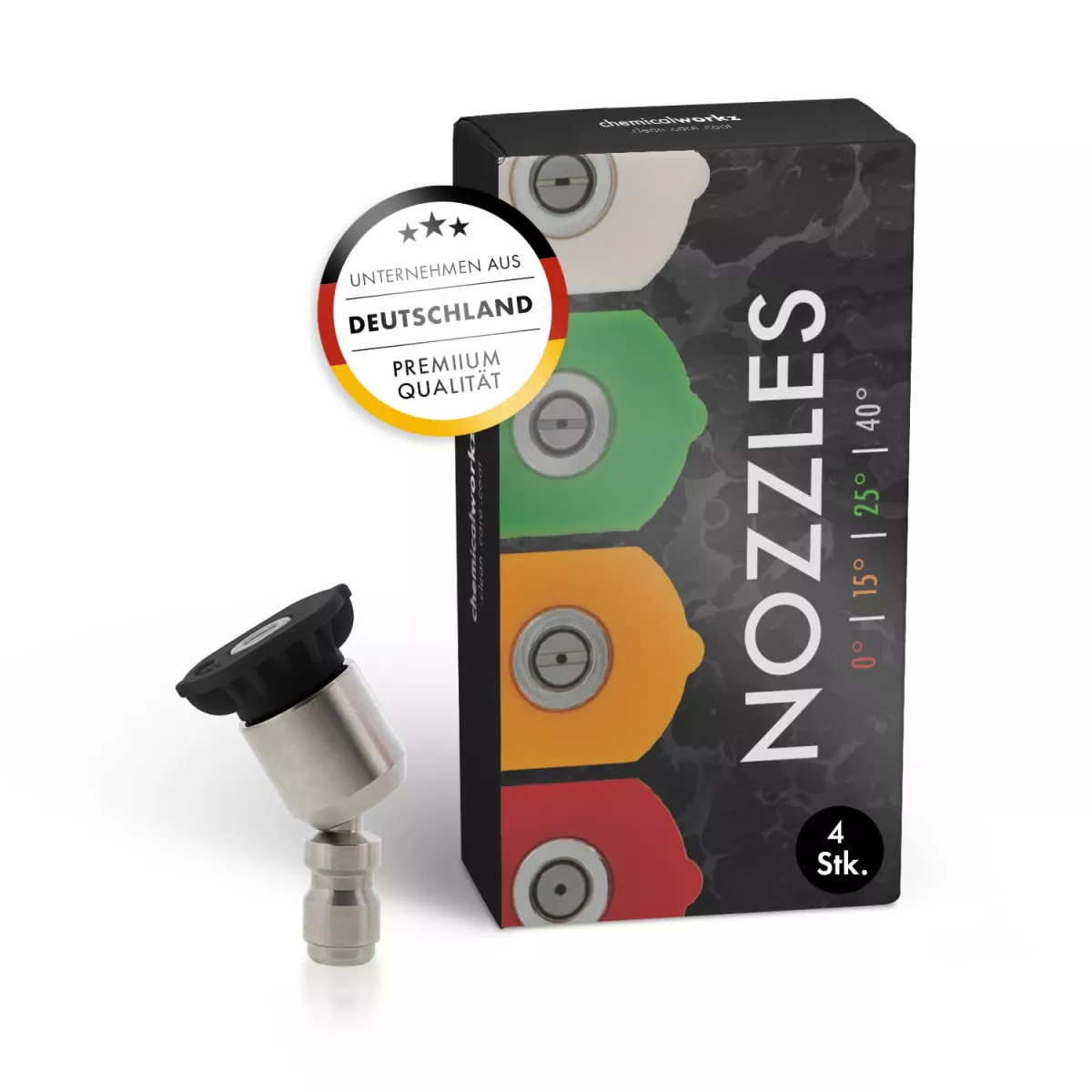 Caixa de bicos coloridos NOZZLES e um bico metálico prateado com parte superior preta