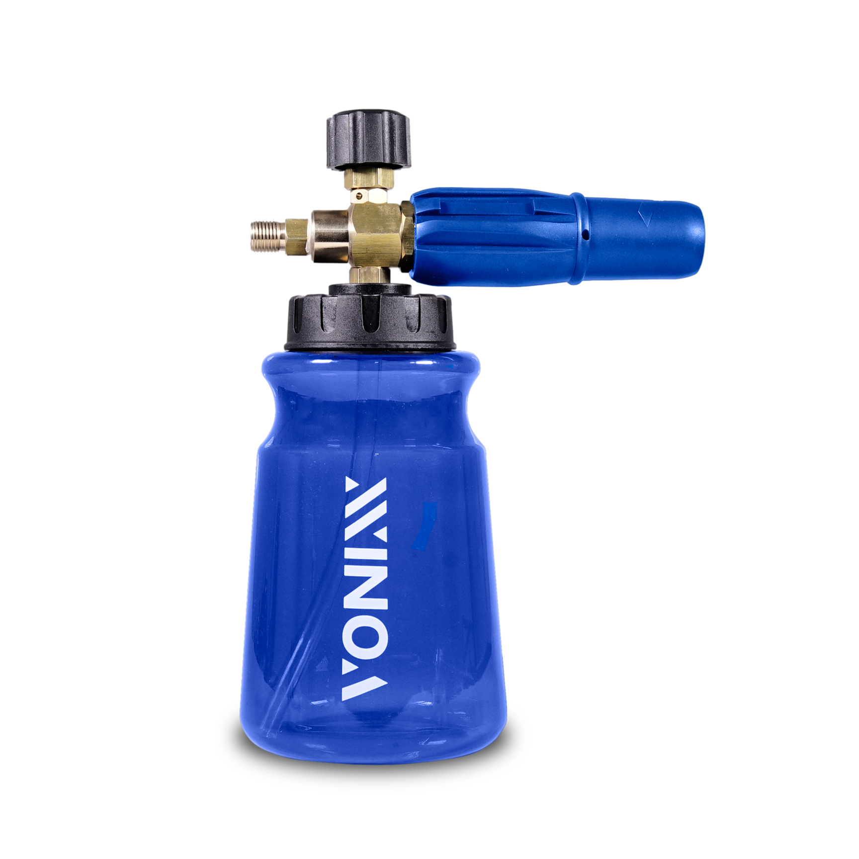 Frasco azul translúcido com válvula metálica preta e azul