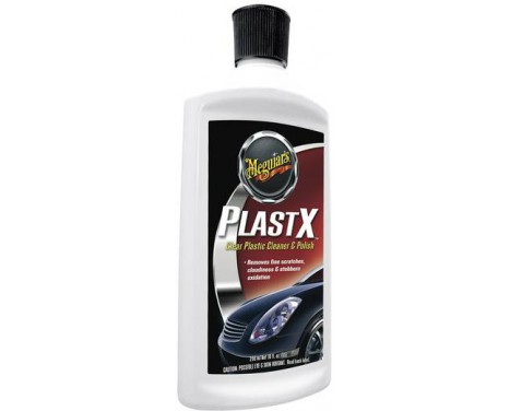 Frasco branco de Meguiar's PLASTX Clear Plastic Cleaner & Polish com tampa preta e etiqueta com carro