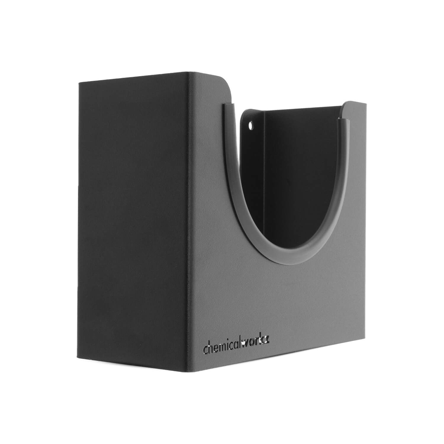 Suporte organizador preto em plástico fosco com texto chemicalworks gravado