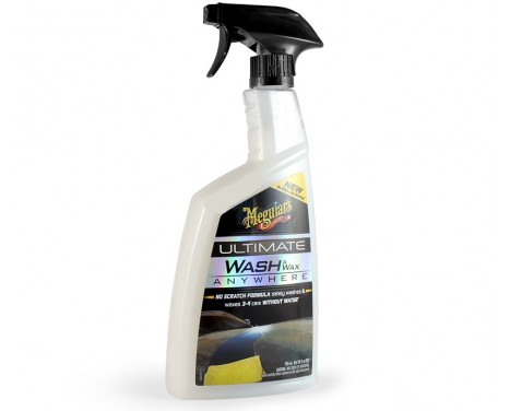 Frasco de spray Meguiar's Ultimate Wash & Wax Anywhere com bico preto e rótulo colorido