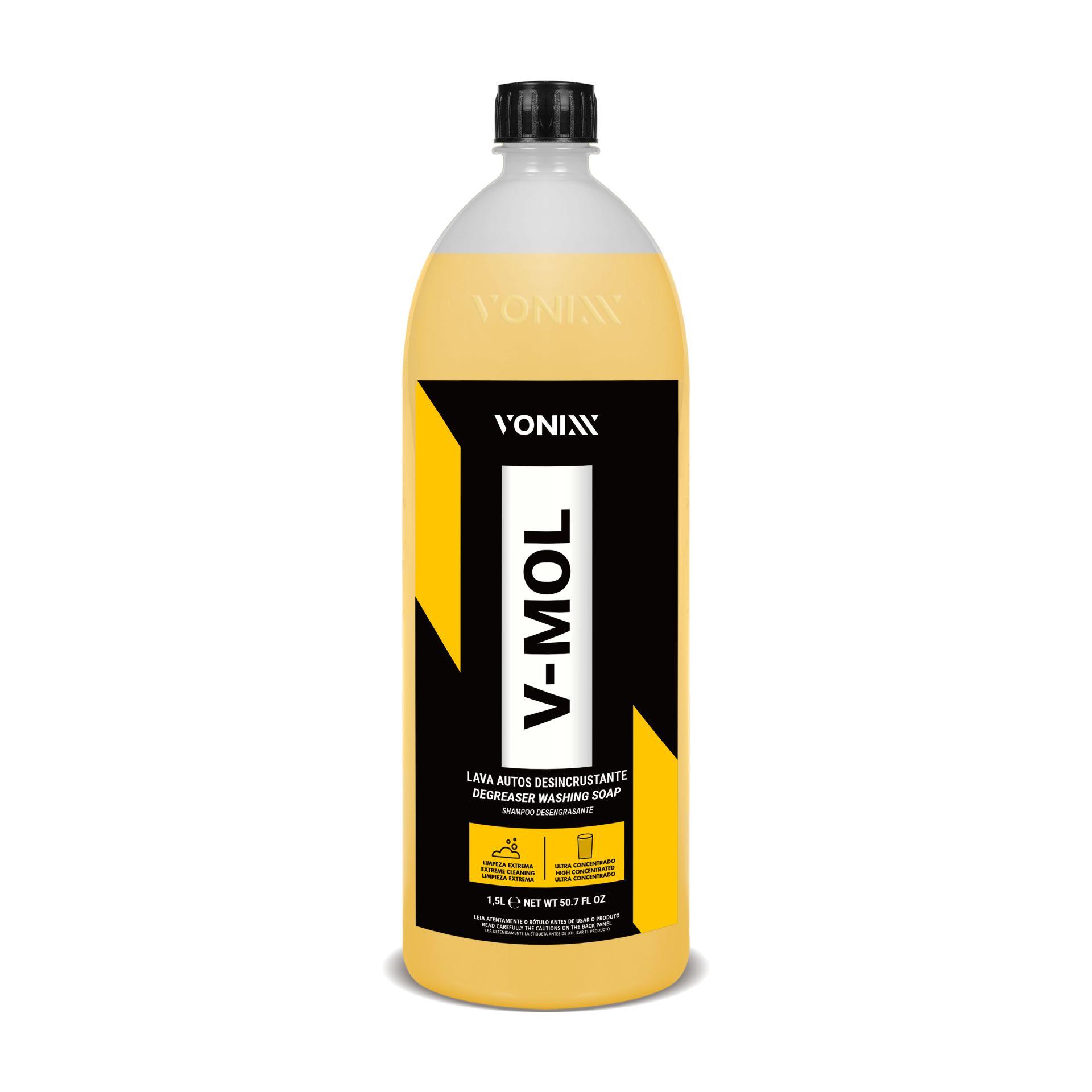 Garrafa de limpeza amarela de 1 litro da marca Vonixx com rótulo preto e amarelo