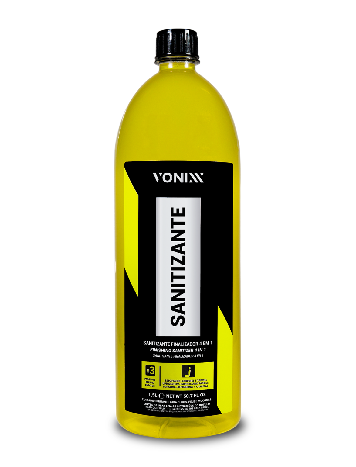 Frasco amarelo de sanitizante VONIXX com rótulo preto e branco