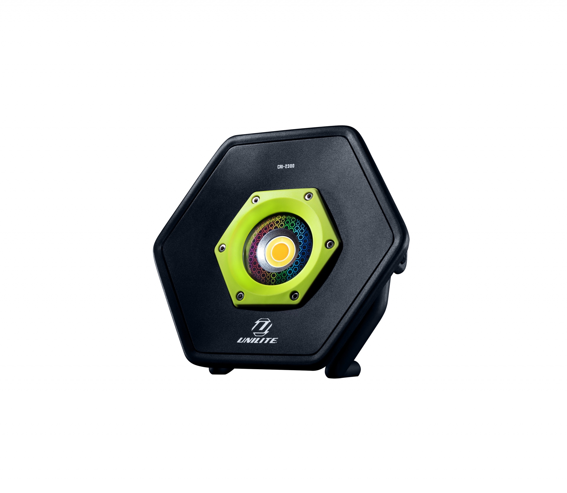 Coluna de som hexagonal preta com detalhes verdes e amarelos e texto branco