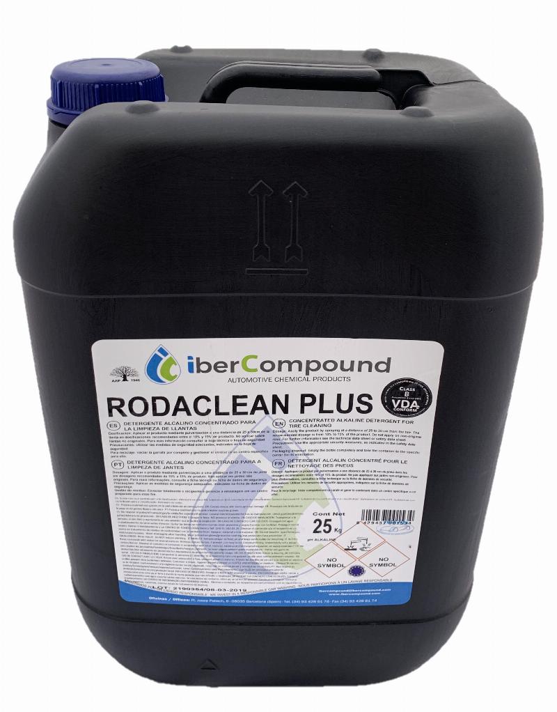 Recipiente preto de plástico com rótulo branco do produto RODACLEAN PLUS