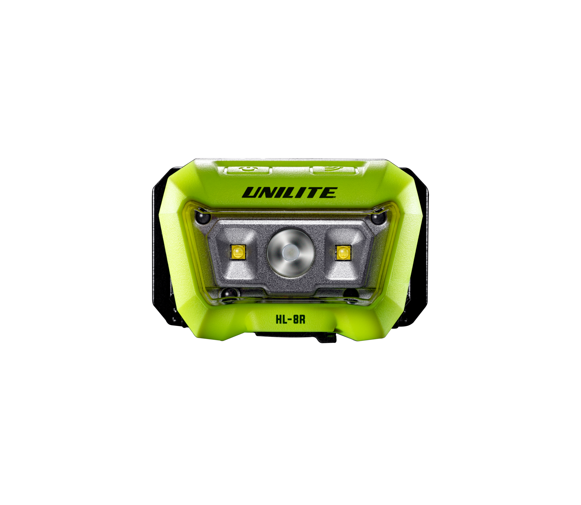Lanterna de cabeça verde fluorescente com LEDs e texto UNILITE HL-8R