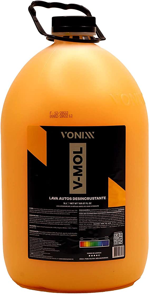 Frasco grande laranja de lava autos desincrustante V-MOL da VONIAX com tampa preta e alça