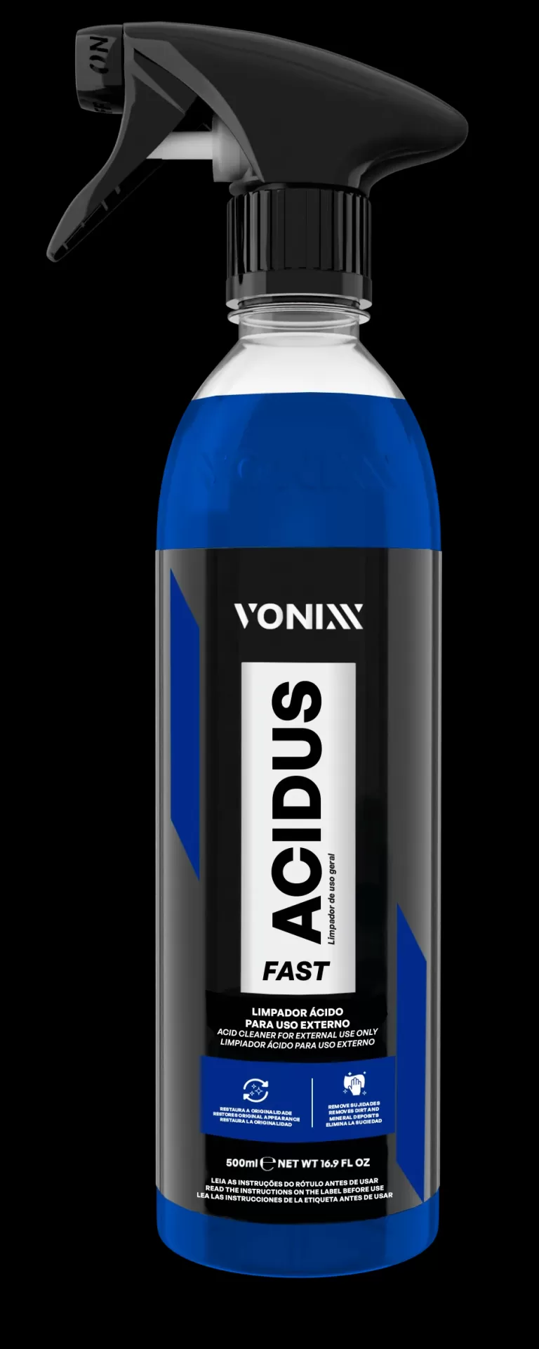 Frasco spray ACIDUS FAST limpador ácido 500ml transparente e azul